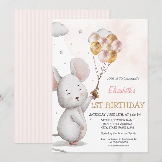 Invitación Globos de Ratón Adorables para Cumpleaños a Rayas (Anverso / Reverso)