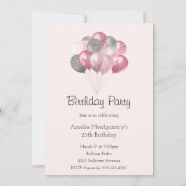 Invitación Globos de Relleno Rosa y Cumpleaños de Plata