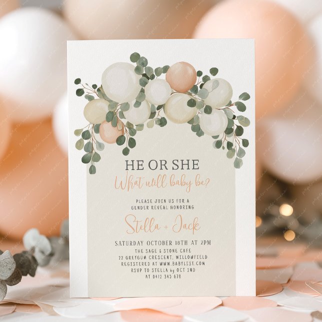 Invitación Globos de Revelación de Género Él o Ella con Verdo (He or She Gender Reveal Invitation | Sage green arch balloon garland invitation)