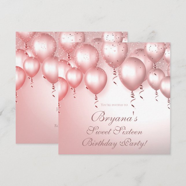 Invitación Globos de Rosa Dorado Brillan Fiesta de Cumpleaños (Anverso / Reverso)
