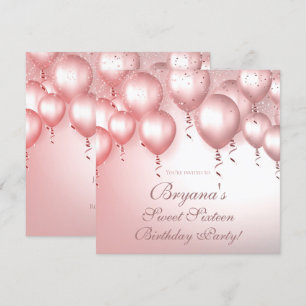 Invitación Globos de Rosa Dorado Brillan Fiesta de Cumpleaños