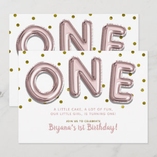 Invitación Globos de Rosa Dorado Confeti Cumpleaños UNO 1 Pri