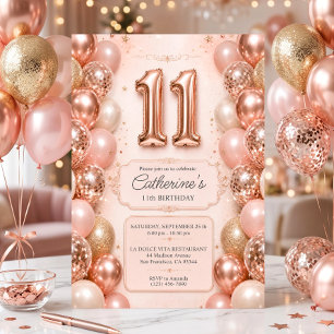 Invitación Globos de Rosa Dorado Rosa Cumpleaños 11 Años