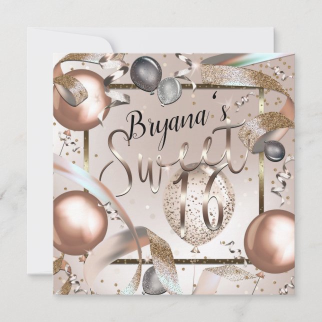 Invitación Globos de Rosa Dorado y Brillo Fiesta Dulces 16 (Anverso)