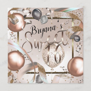 Invitación Globos de Rosa Dorado y Brillo Fiesta Dulces 16
