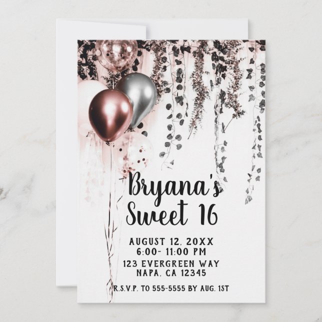 Invitación Globos de Rosa Pastel Dorado Plateado Hiedra Rústi (Anverso)