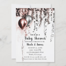 Invitación Globos de Rosa Pastel Dorado Plateado y Hiedra par