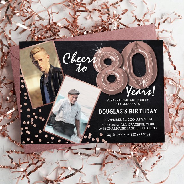 Invitación Globos de RoseGold con Pizarra para Cumpleaños 80  (Subido por el creador)