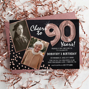 Invitación Globos de RoseGold de Pizarra 2 Foto Cumpleaños 90