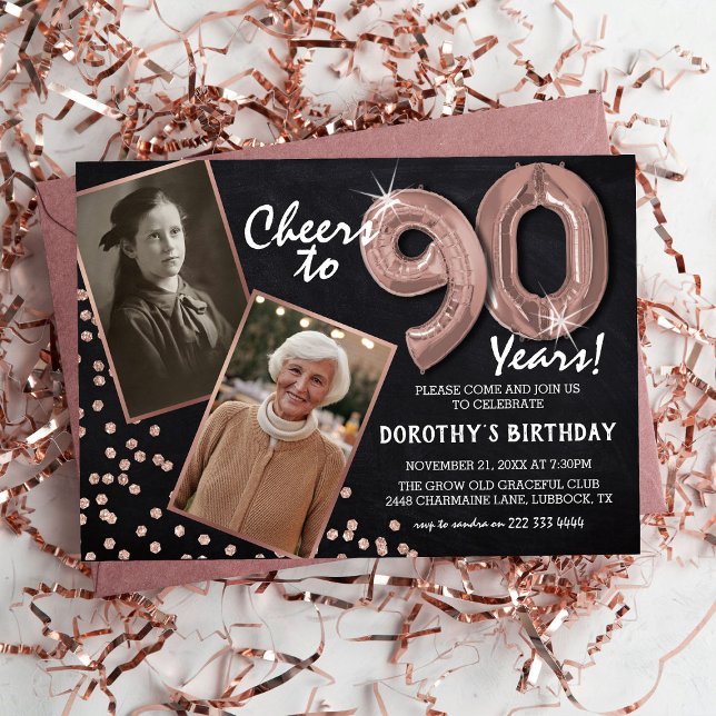 Invitación Globos de RoseGold de Pizarra 2 Foto Cumpleaños 90 (Subido por el creador)