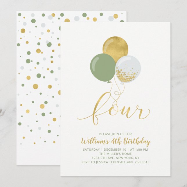 Invitación Globos de Sage y Oro Cuatro Fiestas de Cumpleaños (Anverso / Reverso)
