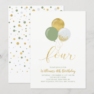 Invitación Globos de Sage y Oro Cuatro Fiestas de Cumpleaños