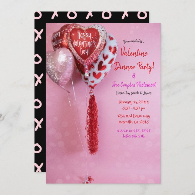 Invitación Globos de San Valentín Fiesta de Cumpleaños o Even (Anverso / Reverso)