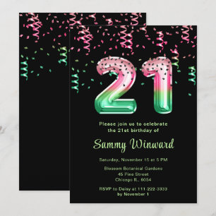 Invitación Globos de sandía para cumpleaños número 21 con con