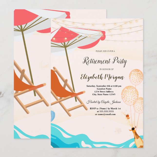 Invitación Globos de silla relajada, fiesta de jubilación con (Anverso / Reverso)