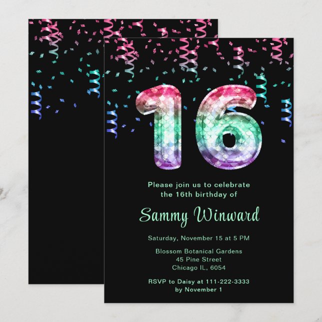 Invitación Globos de sirena de cumpleaños número 16 con confe (Anverso / Reverso)