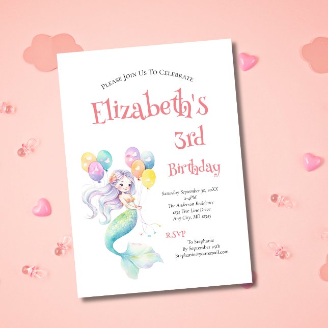 Invitación Globos de Sirena Fiesta de Cumpleaños de Niñas Peq (Mermaid Little Girls Birthday Party Invitation. 2nd 3rd 4th 5th 6 th 7th 8th 9th 10th 11 th birthday)