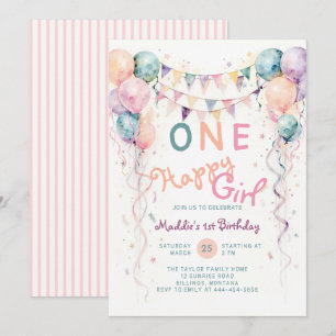 Invitación Globos de Una Niña Feliz Bunting Rosa 1er Cumpleañ