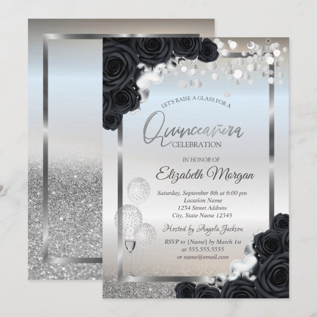 Invitación Globos de vidrio de Rosas negros Quinceañera (Anverso / Reverso)
