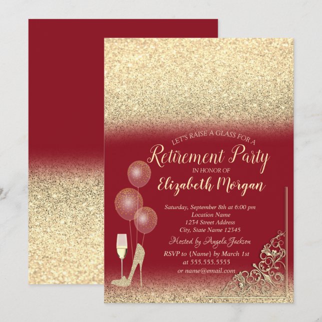 Invitación Globos de Vidrio Dorado Brillo Rojo Jubilación (Anverso / Reverso)