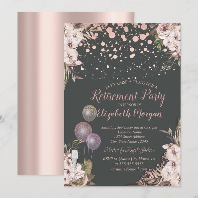 Invitación Globos de vidrio Tacones Boho Flores Jubilación (Anverso / Reverso)