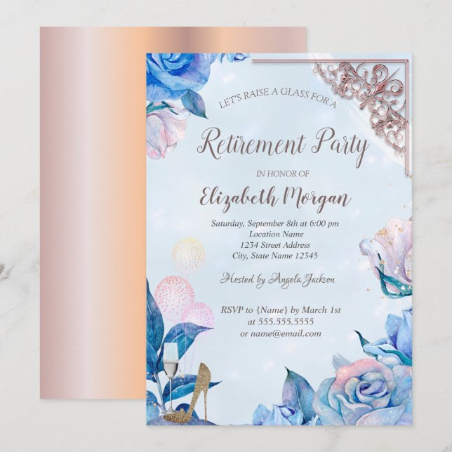 Invitación Globos de vidrio, tacones de oro rosa, flores Jubi (Anverso / Reverso)