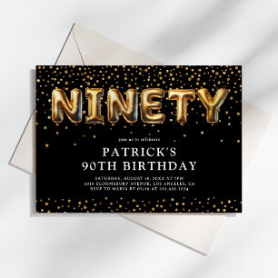 Invitación Globos del 90 cumpleaños de color negro y dorado