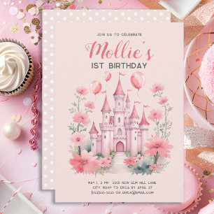 Invitación Globos del castillo de la princesa rosa del primer