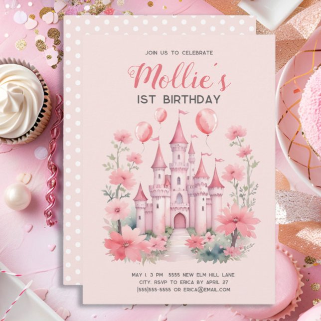 Invitación Globos del castillo de la princesa rosa del primer (Cute pink princess castle little girl's 1st birthday party invitation)