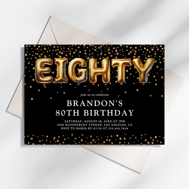 Invitación Globos del cumpleaños 80 negro y dorado (Subido por el creador)