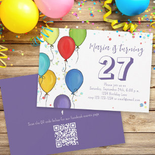 Invitación Globos del partido de cumpleaños Confetti QR Code