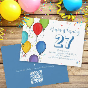 Invitación Globos del partido de cumpleaños Confetti QR Code