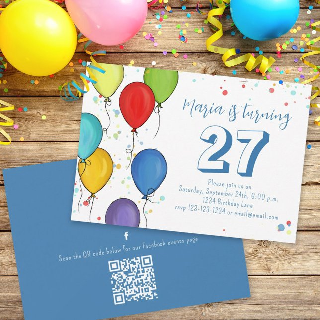 Invitación Globos del partido de cumpleaños Confetti QR Code  (Subido por el creador)
