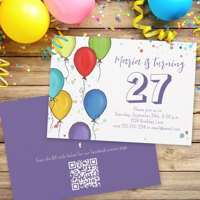 Invitación Globos del partido de cumpleaños Confetti QR Code  (Subido por el creador)