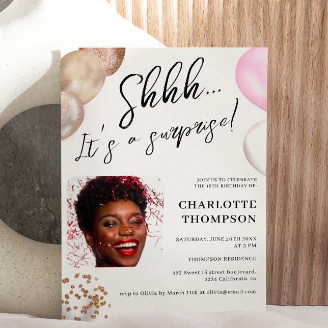 Invitación Globos divertidos sorpresa foto de oro blanco Swee (Subido por el creador)