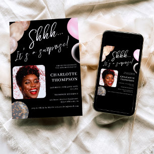 Invitación Globos divertidos sorpresa foto de oro negro Sweet