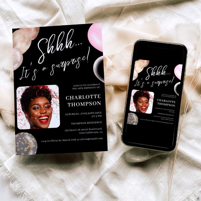 Invitación Globos divertidos sorpresa foto de oro negro Sweet (Subido por el creador)