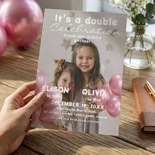 Invitación Globos Doble Celebración Foto Cumpleaños Niños
