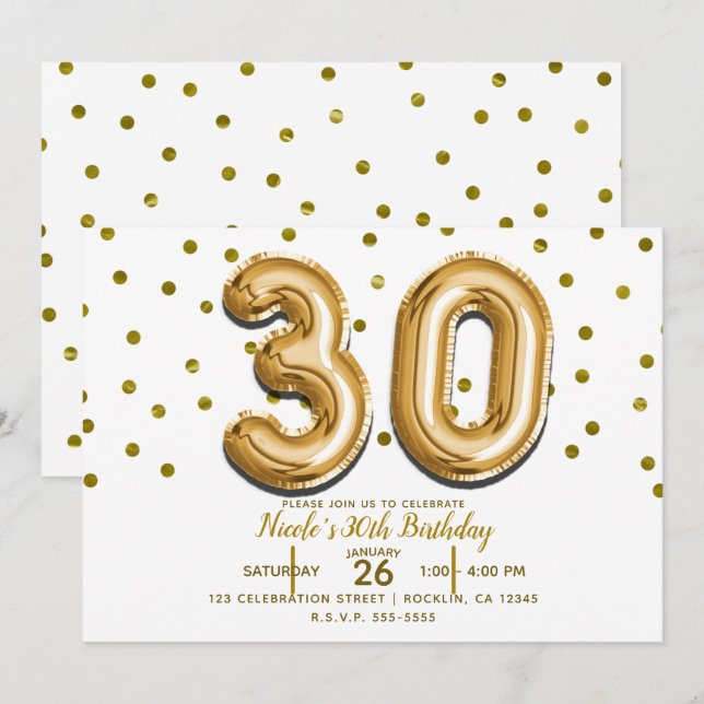 Invitación Globos dorados 30 & Confeti Fiesta de cumpleaños 3 (Anverso / Reverso)