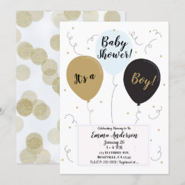 Invitación Globos dorados, azules y negros Es una ducha de be