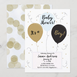 Invitación Globos dorados, azules y negros Es una ducha de be
