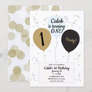 Invitación Globos dorados, azules y negros Fiesta de cumpleañ