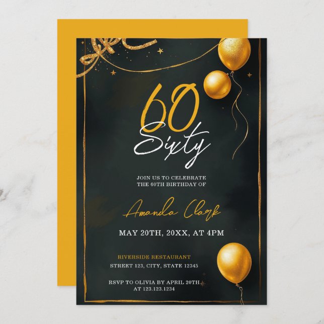 Invitación Globos dorados con cinta de opciones y estrellas c (Anverso / Reverso)