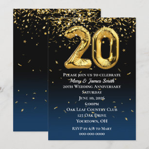 Invitación Globos dorados de aniversario de 20 años y Invita
