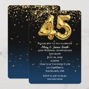 Invitación Globos dorados de aniversario número 45 y confeti