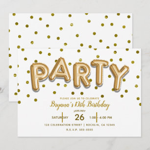 Invitación Globos dorados de FIESTA y confeti de cumpleaños d