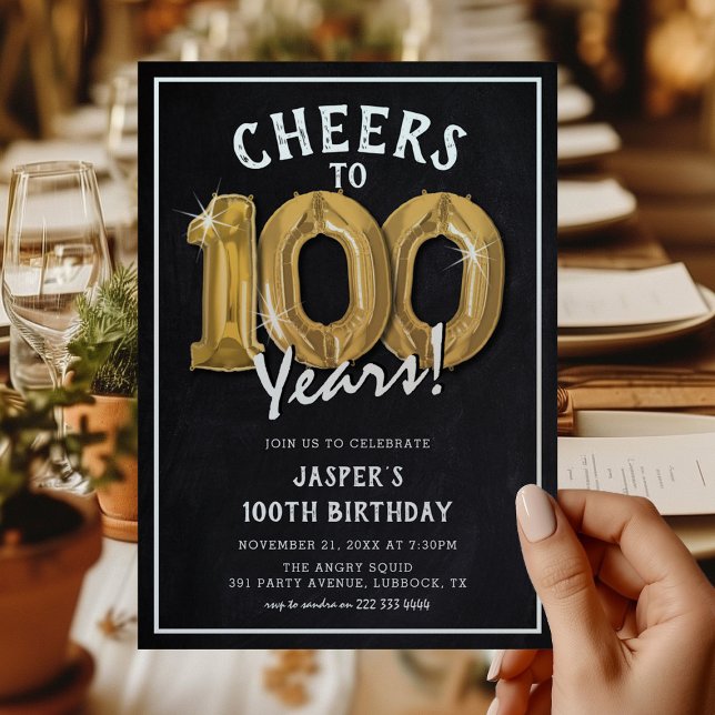 Invitación Globos dorados de pizarra rústica Cumpleaños 100 (Subido por el creador)