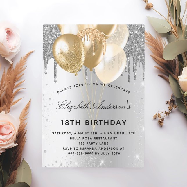 Invitación Globos dorados de plata de cumpleaños (Subido por el creador)
