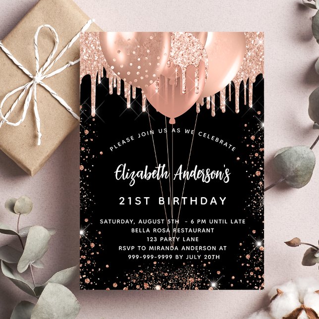 Invitación Globos dorados de rosa negro de cumpleaños (Subido por el creador)