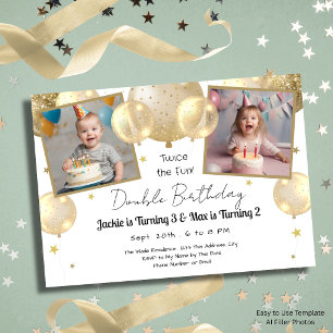Invitación Globos dorados doble cumpleaños dorado fiesta infa